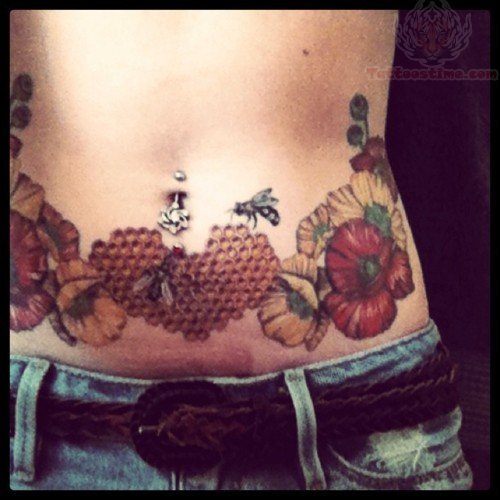 Flowers And Bee Heart Tattoo On Belly